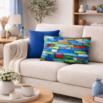 Coussin réalisé avec le tissu Bancaù décliné en coton ou en suédine velours