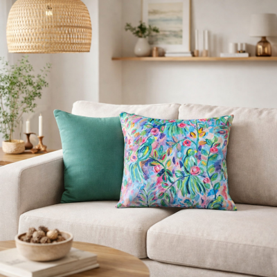 Coussin réalisé avec le tissu Eden décliné en coton ou en suédine velours